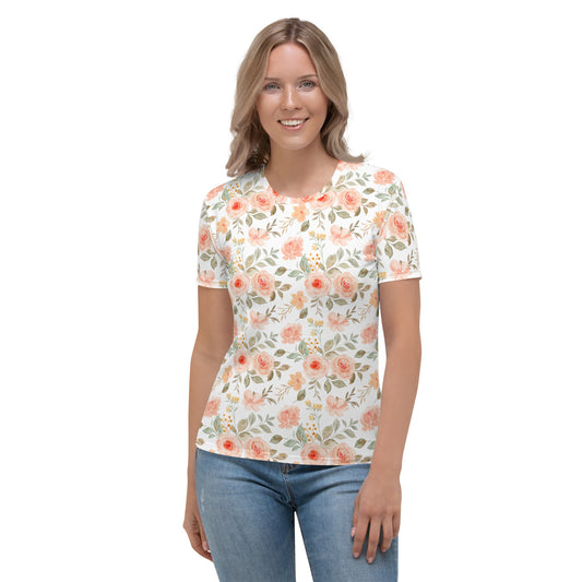 All-Over Print Women's Crew Neck T-Shirt | rose_flower_watercolor_seamless_pattern