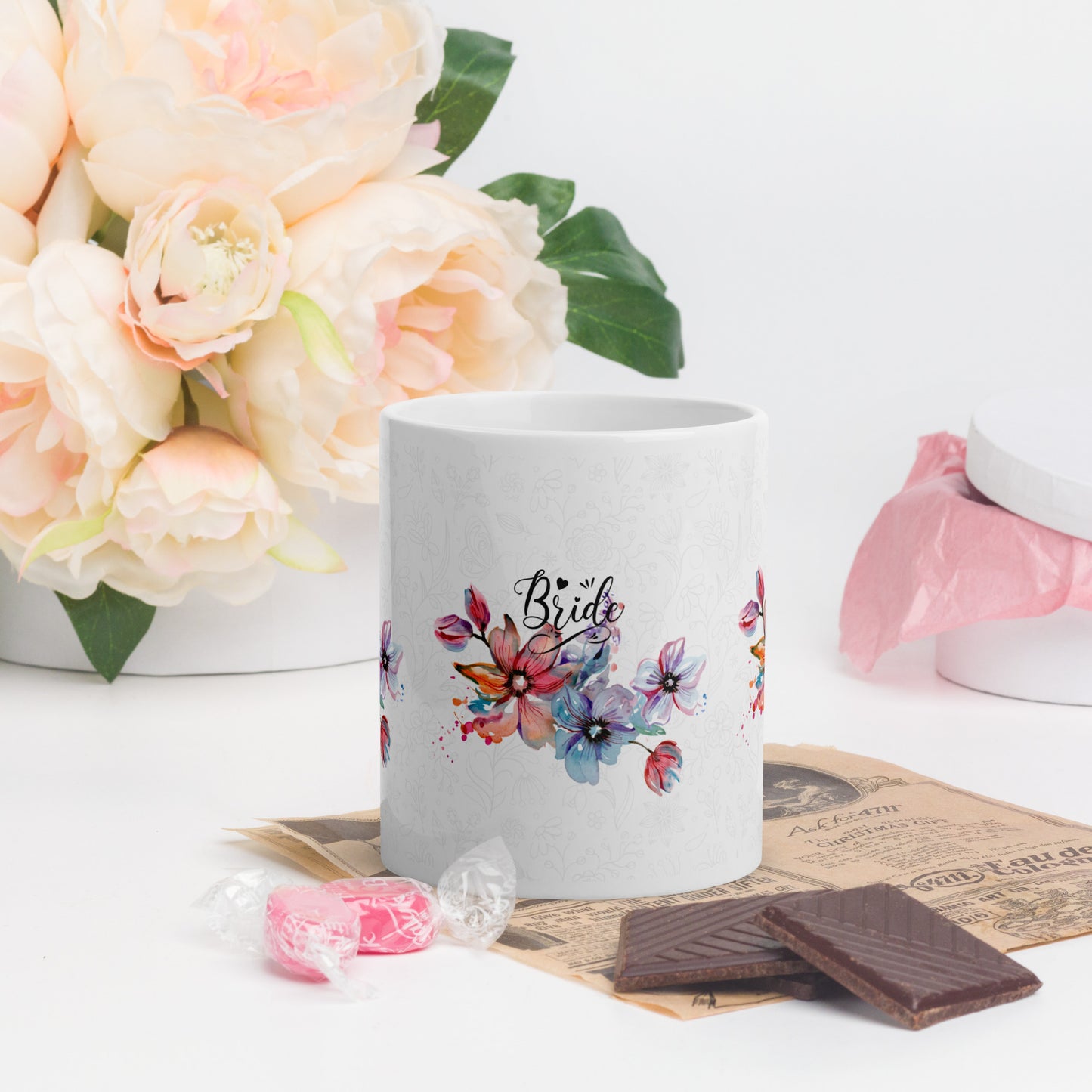 White glossy mug - bride flower design - print on demand