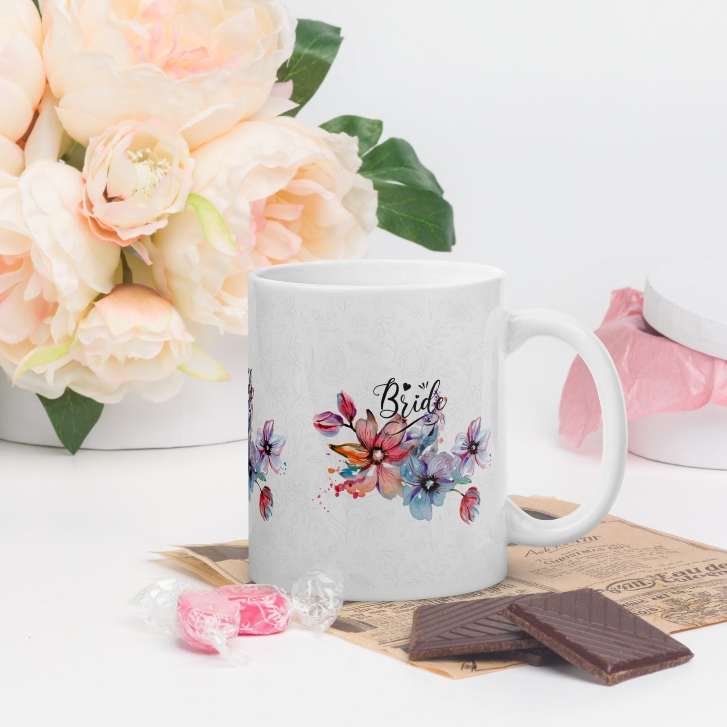 White glossy mug - bride flower design - print on demand