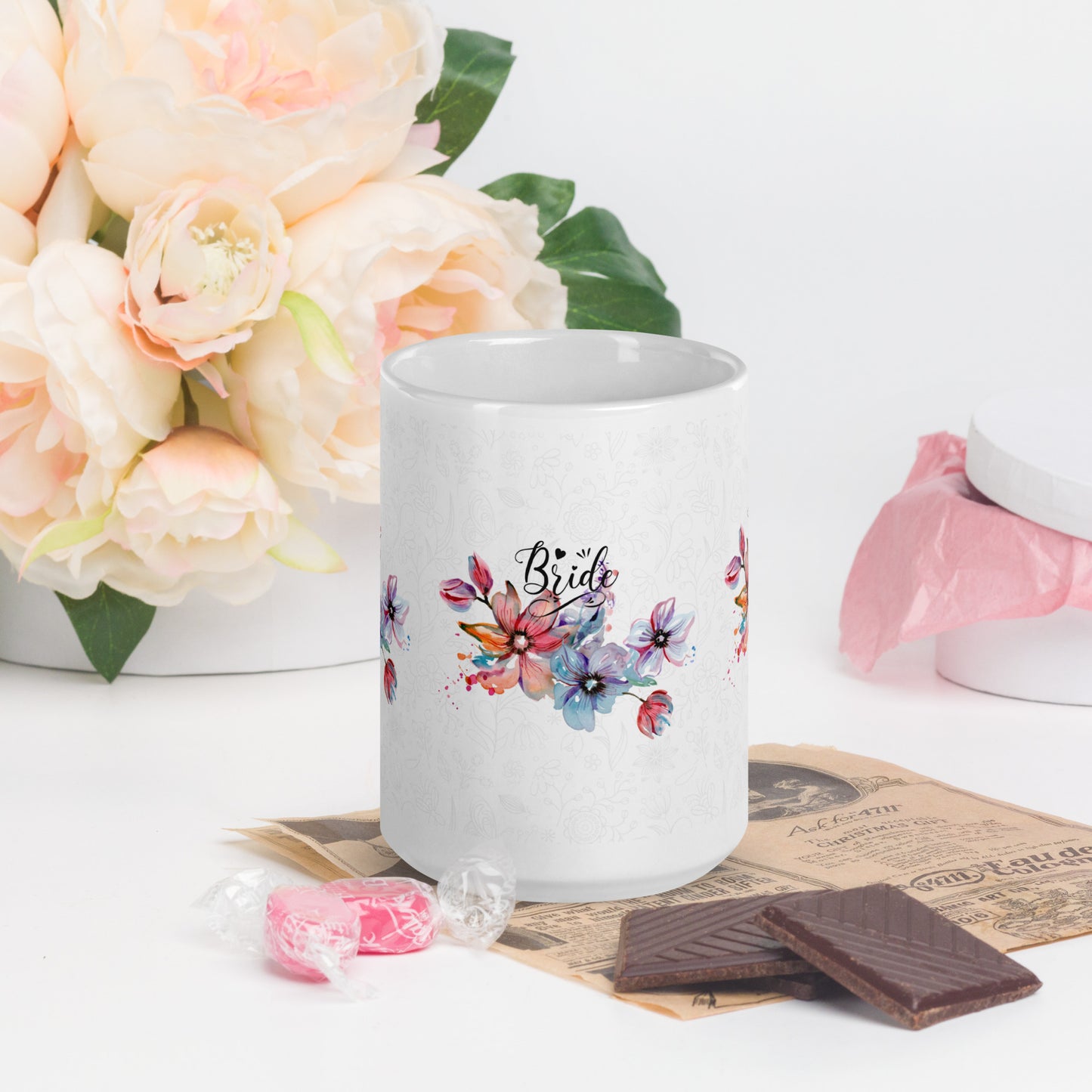 White glossy mug - bride flower design - print on demand