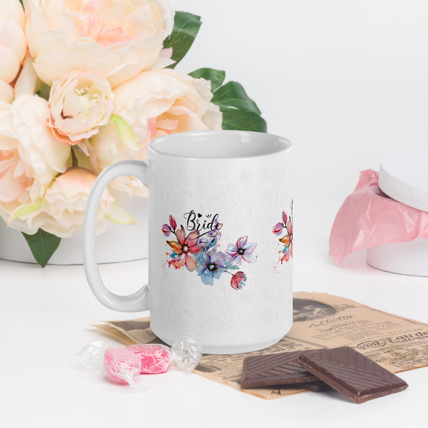 White glossy mug - bride flower design - print on demand