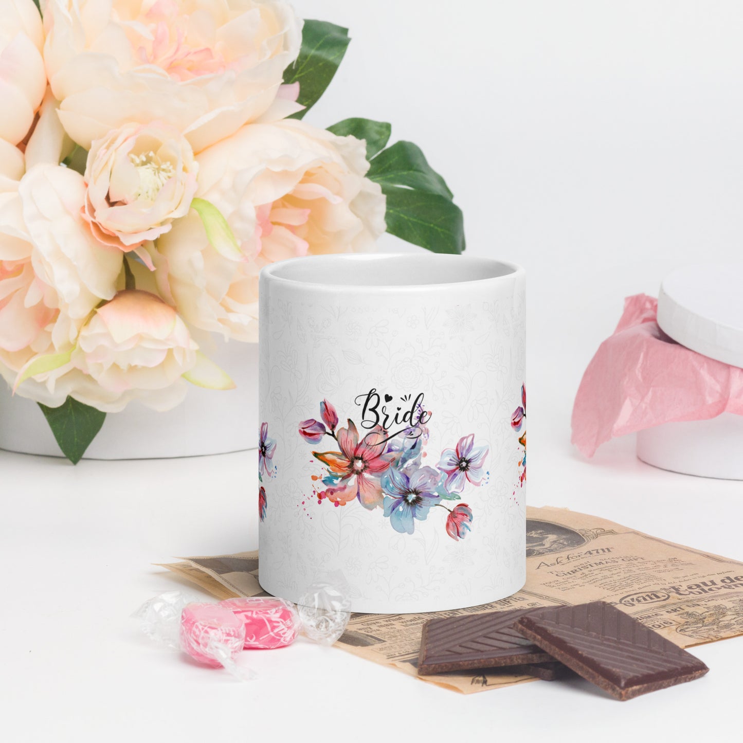 White glossy mug - bride flower design - print on demand