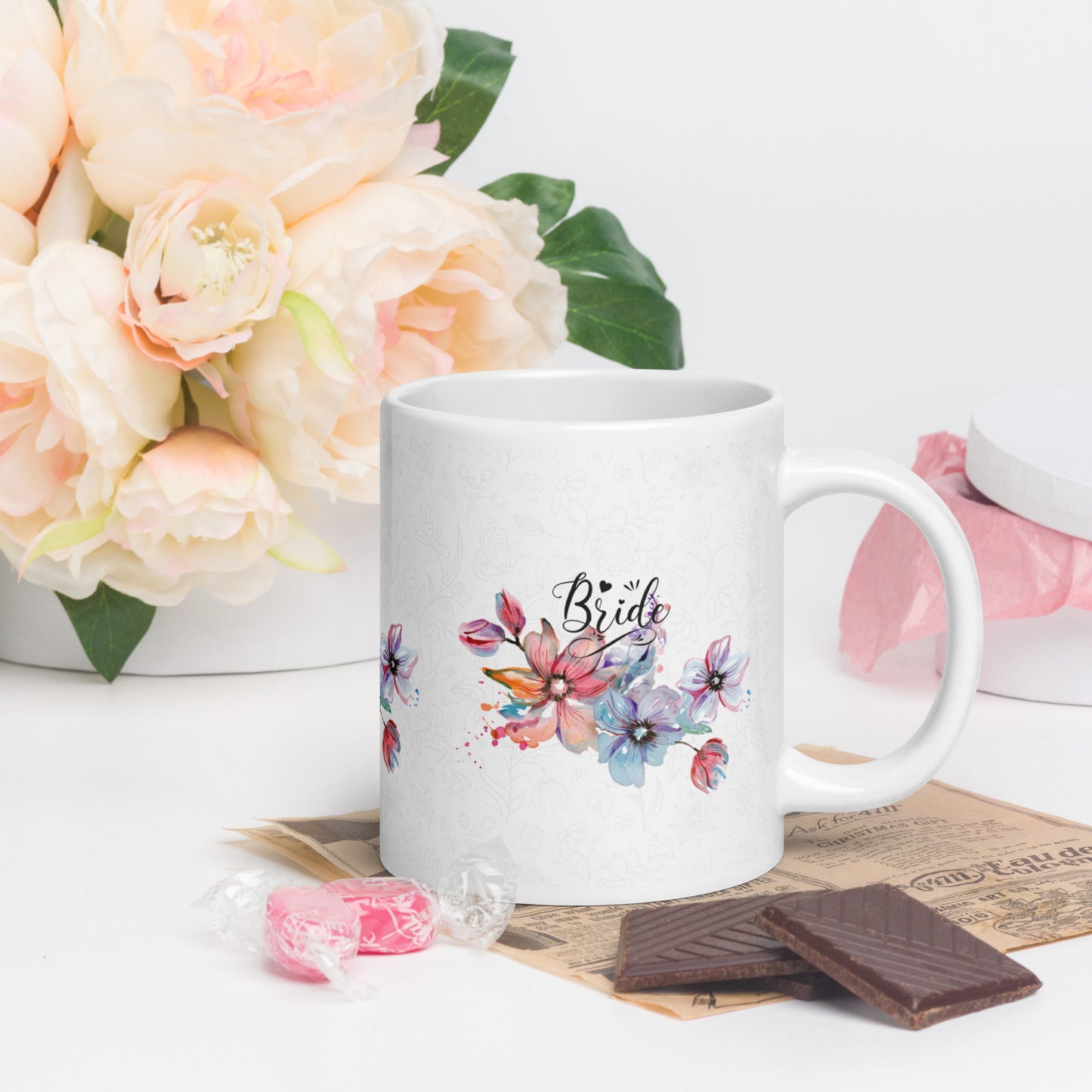 White glossy mug - bride flower design - print on demand